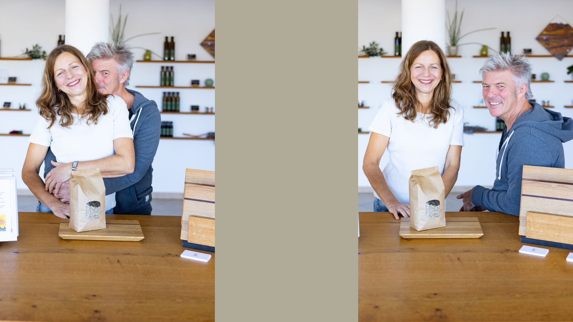 Sichtbar sympathisches Unternehmerpaar mit Produkt im Laden – Personal Brand Fotografie für Unternehmer am Ammersee