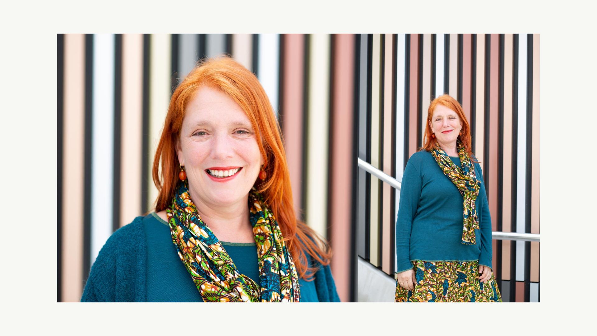 Personal Branding %Personal Brand Fotografie% Farbenfrohes Businessportrait einer Unternehmerin vor moderner Architektur – Personal Branding Fotografie München