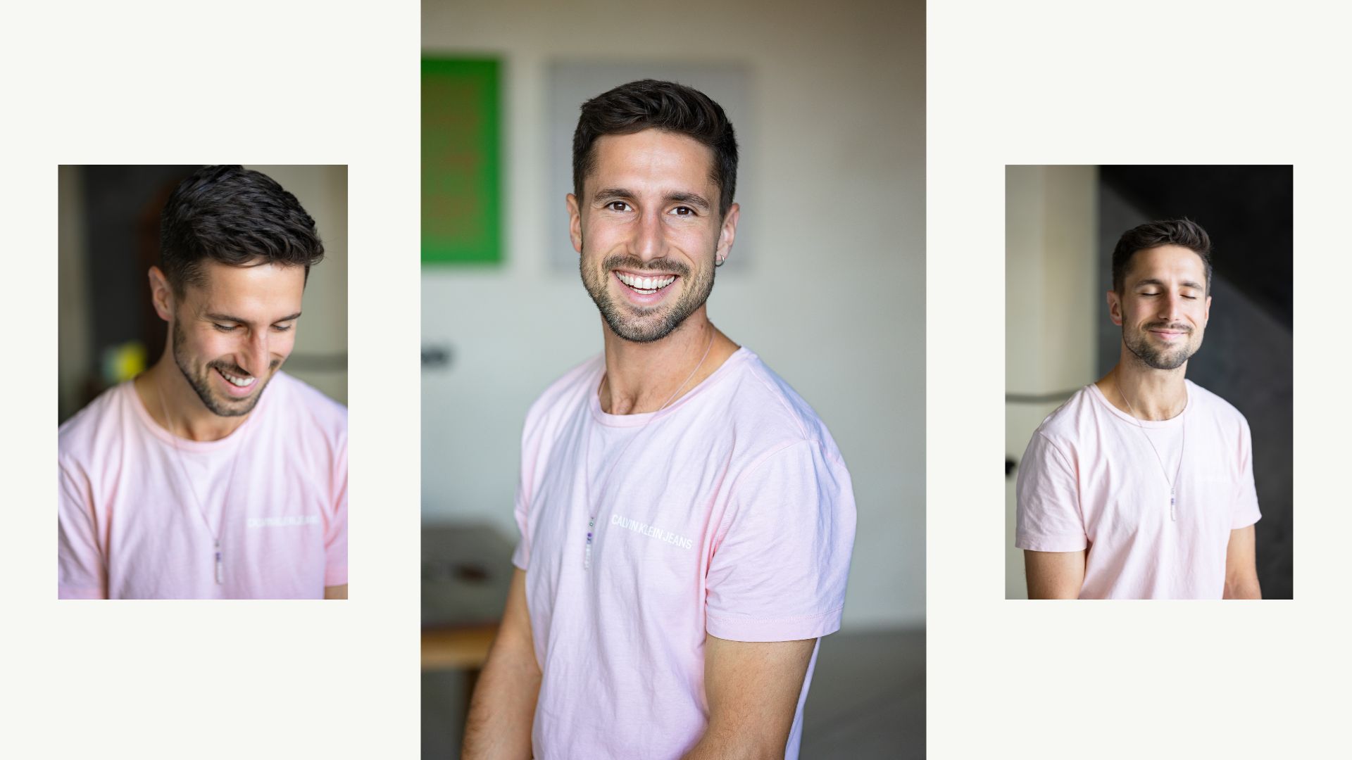 Personal Branding %Personal Brand Fotografie% Locker-entspanntes Portrait eines jungen Unternehmers im rosa Shirt – Personal Branding Fotografie München