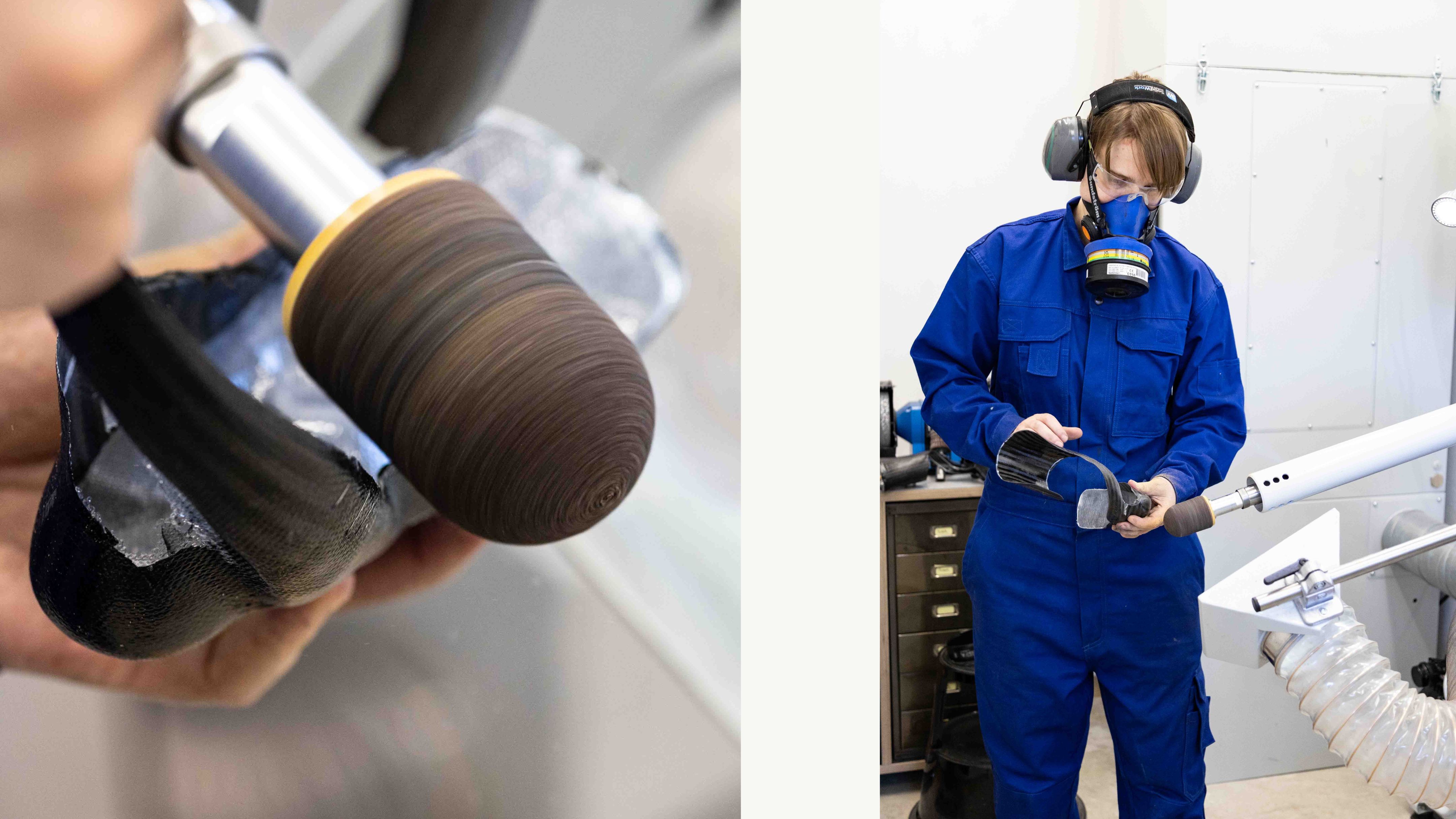 Mitarbeiter in einer Prothesenwerkstatt bearbeitet ein Carbonbauteil mit einer rotierenden Schleifmaschine und Schutzkleidung.