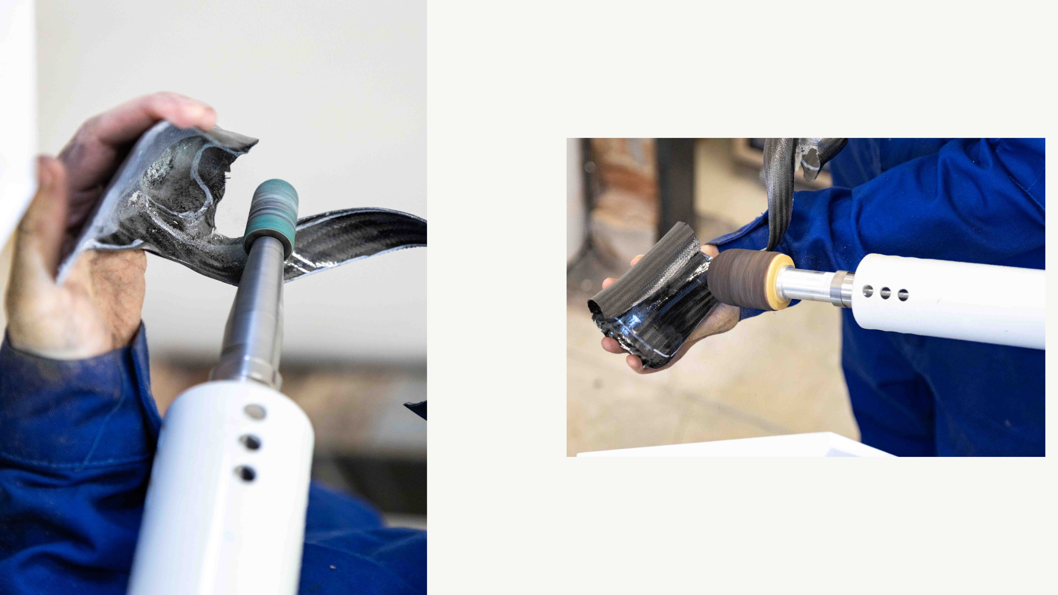Detailaufnahme beim Schleifen eines schwarzen Carbonbauteils für eine Prothese mit rotierender Schleifwalze.